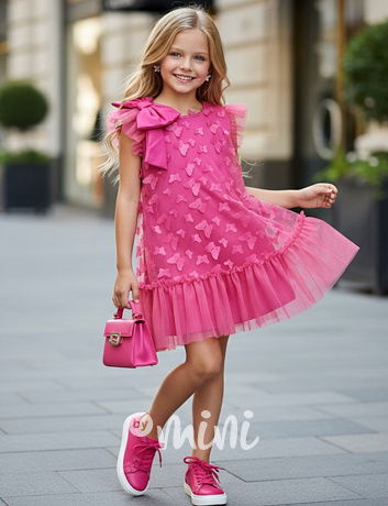 Motýlkové šaty s mašlí magenta