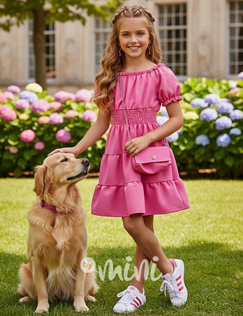 Letní vzdušné šaty s kabelkou dark pink