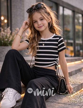 Pruhované crop triko na stahování black/white