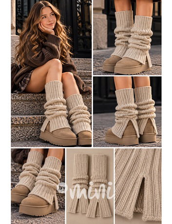 Teen flare knit návleky s rozparkem beige