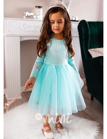 Princess krajkové šaty s maxi tylovou sukní tyrkys