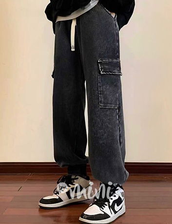 Soft dark denim volné cargo tepláky