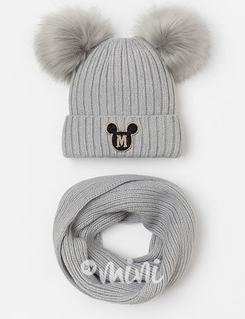 Zimní kulich s pompony + nákrčník GREY