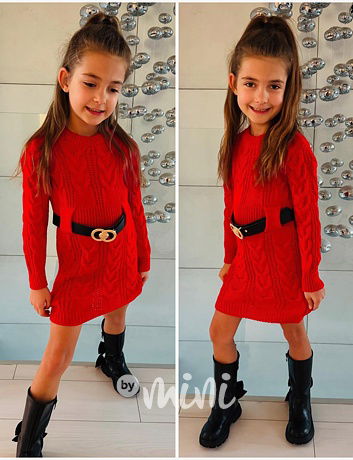 Svetrové šaty s páskem červené