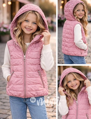 Jarní růžová vesta s kapucí