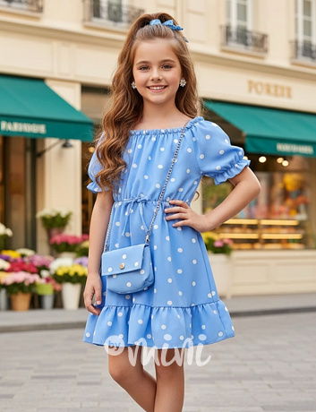 Letní puntíkaté šaty s kabelkou modré