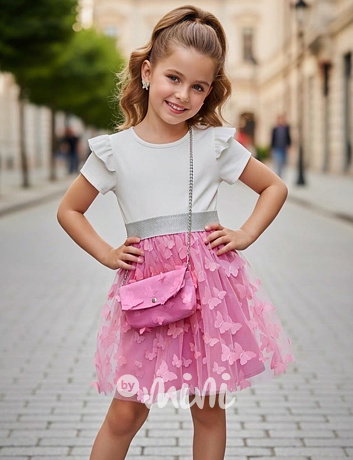 PREMIUM letní motýlkové šaty s kabelkou white/pink