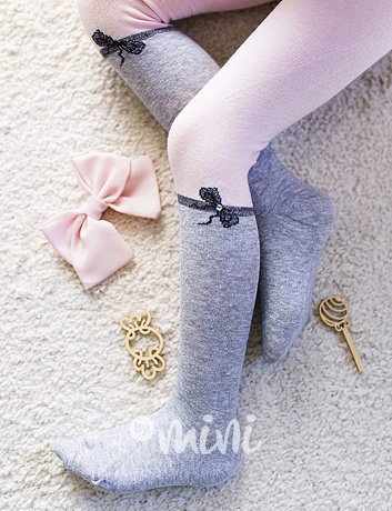 Bavlněné punčochy mašle s kamínkem pink/grey