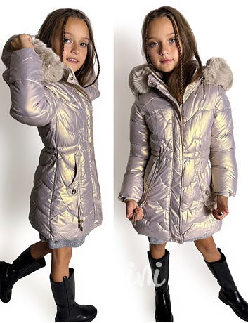 Metalický zimní kabát s kožíškem silver