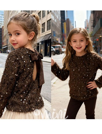 Chlupatý svetřík s flitry a mašlí hnědý