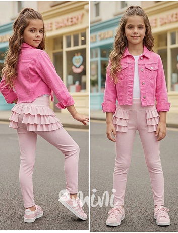 Žebrované legíny s volánky růžové