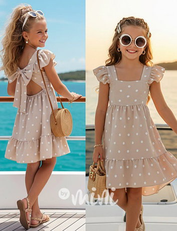 Petit puntíkaté šaty s mašličkou BEIGE