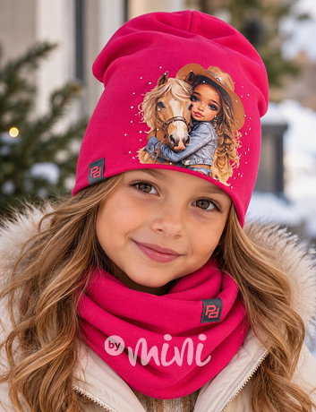 Cowgirl čepice + nákrčník s kamínky dark pink