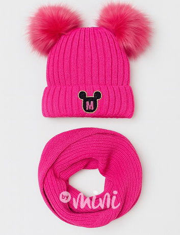 Zimní kulich s pompony + nákrčník PINK