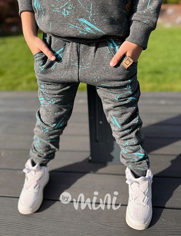 Zateplené šedé tepláky tyrkys splash