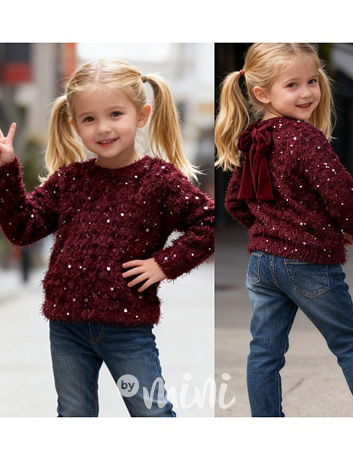 Chlupatý svetřík s flitry a mašlí bordo