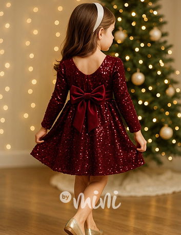 Glamour soft velur šaty s flitry a mašlí BORDO