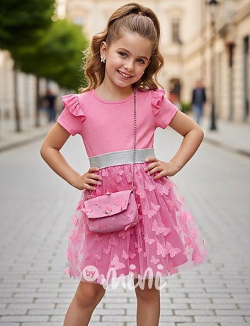 PREMIUM letní motýlkové šaty s kabelkou pink