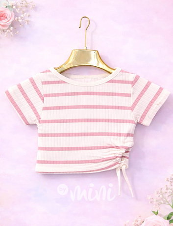 Pruhované crop triko na stahování white/pink