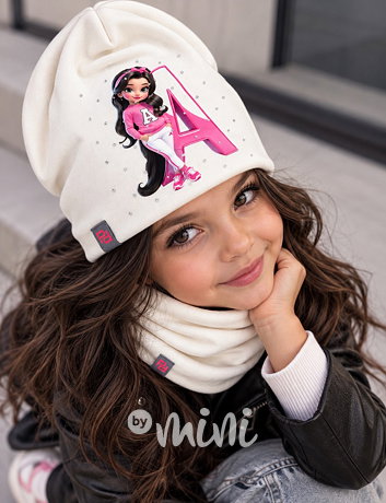 Pink Academy čepice + nákrčník s kamínky off white