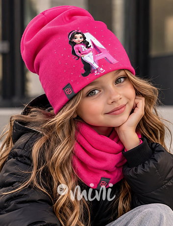Academy čepice + nákrčník s kamínky dark pink