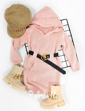 Svetrové hoodie šaty s páskem růžové