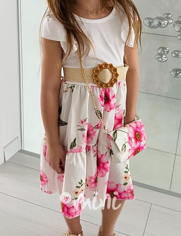Květované šaty s páskem a kabelkou white/pink