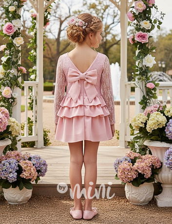 Slavnostní krajkové šaty s mašlí PINK