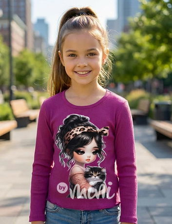 Černá žebrovaná blůzka Girl & Cat purple