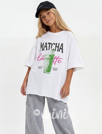 Matcha latte oversize triko s kamínky bílé