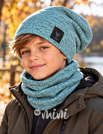 Deer melange beanie čepice + maxi nákrčník tyrkys