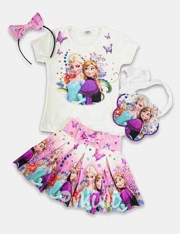 4-dílný Frozen pink set - sukně, triko, kabelka, čelenka