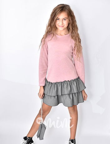 Teplé šaty pepitka pink + kabelka