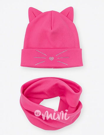 Cat čepice s ouškama + nákrčník PINK