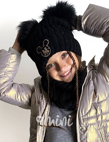 Zimní kulich s pompony + nákrčník BLACK