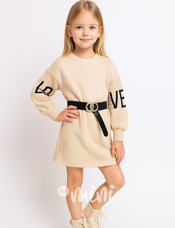 Svetrové šaty s balonovými rukávy a páskem BEIGE