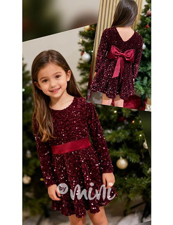 Glamour soft velur šaty s flitry a mašlí BORDO