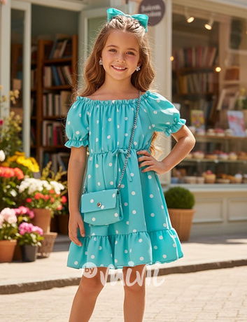 Letní puntíkaté šaty s kabelkou tyrkys