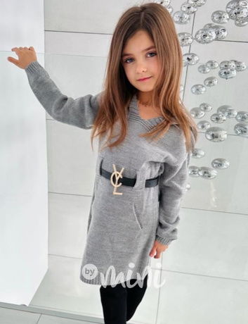 Svetrové hoodie šaty s páskem šedé