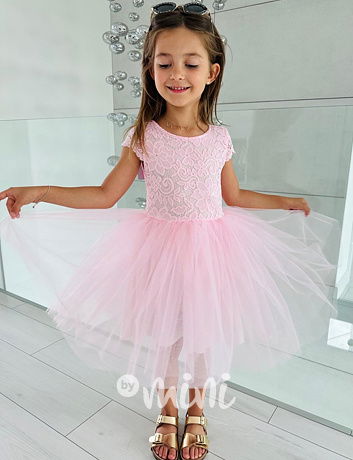 Summer princess krajkové šaty s maxi tylovou sukní růžové