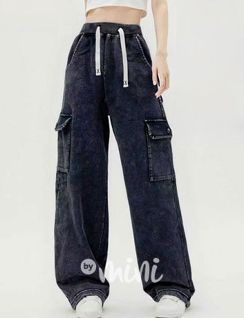 Acid wash soft denim cargo kalhoty