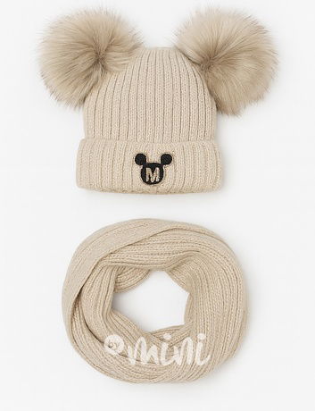 Zimní kulich s pompony + nákrčník BEIGE