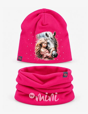 Romance čepice + nákrčník s kamínky dark pink