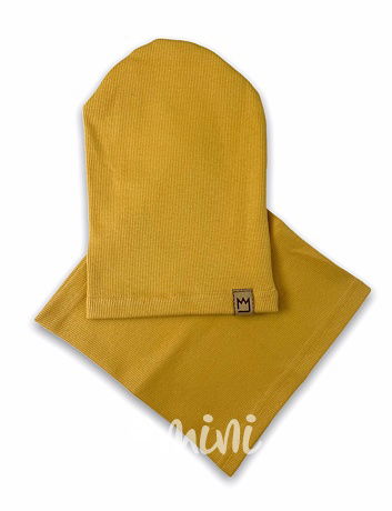 Mustard žebrovaná houmles čepka s nákrčníkem
