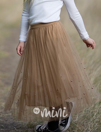 Tylová plisovaná sukně s perličkami honey
