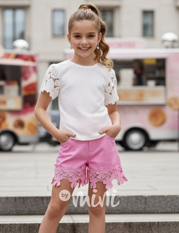 Flower denim kraťasy růžové