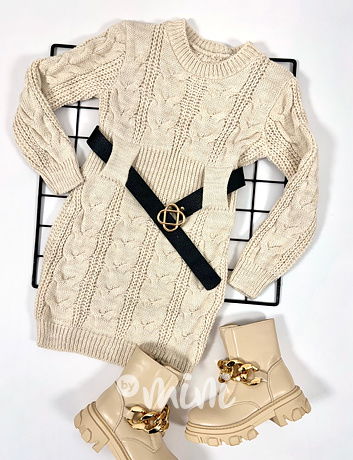 Svetrové šaty s páskem béžové