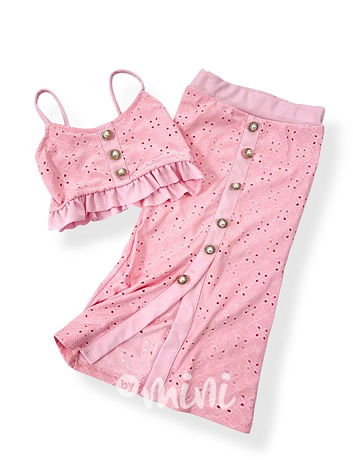 Růžový crop top + midi sukně PINK
