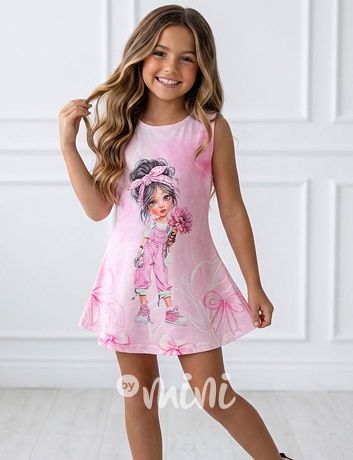 Romantické letní šaty s ilustrací růžové