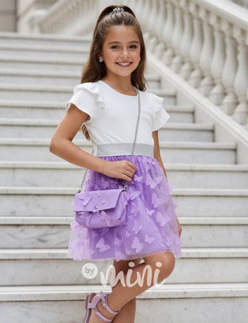 PREMIUM letní motýlkové šaty s kabelkou white/lila